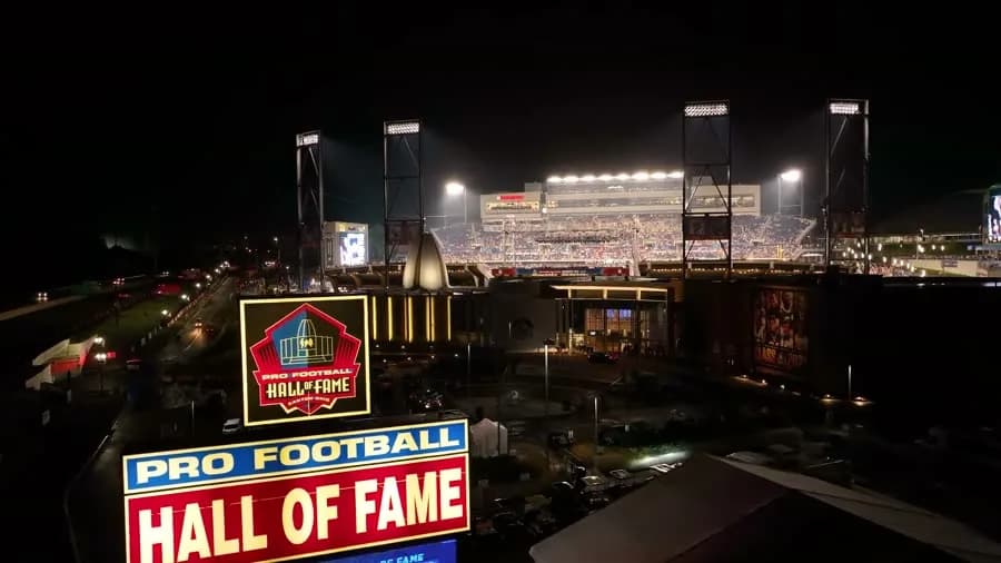 Aerial coverage of the NFL Hall of Fame Game at Tom Benson Hall of Fame Stadium in Canton, Ohio.